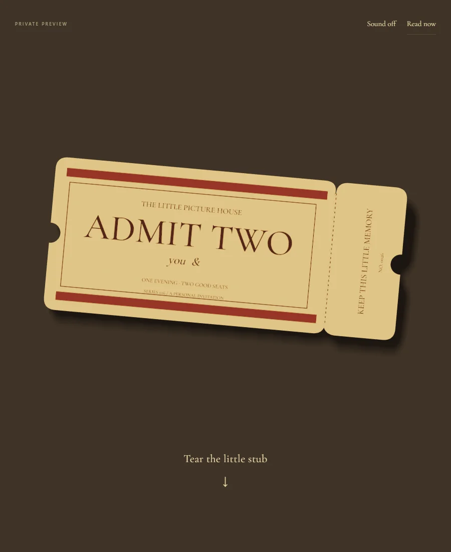 A die-cut cinema ticket for two